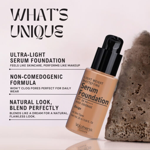 Volamena Light Weight Mattefying Serum Foundation With SPF 30PA++++, Beige, | With Hyaluronic Acid & Alpha Arbutin | High Coverage For Even Natural Glow | Flawless Finish | 25ml