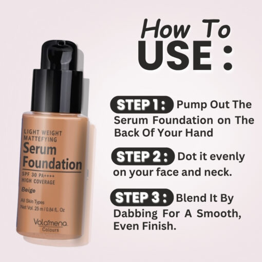 Volamena Light Weight Mattefying Serum Foundation With SPF 30PA++++, Beige, | With Hyaluronic Acid & Alpha Arbutin | High Coverage For Even Natural Glow | Flawless Finish | 25ml